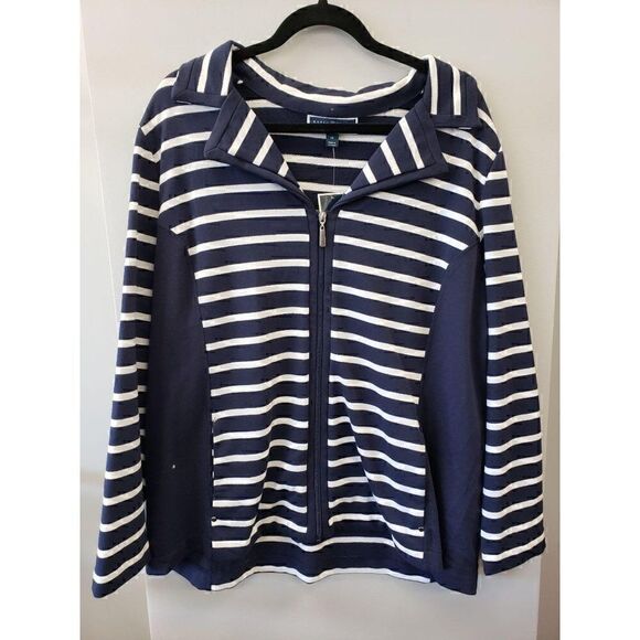 ‎Karen Scott Plus-Size Blue/White Zip-Front Jacket - Picture 2 of 5